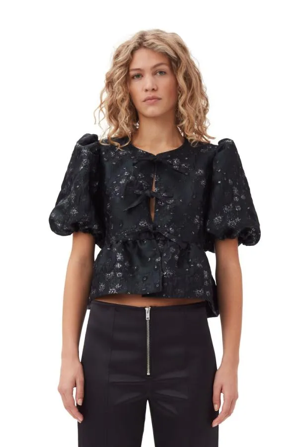 Clothing GANNI Tops BlackSilver 3D Jacquard Peplum Blouse Black