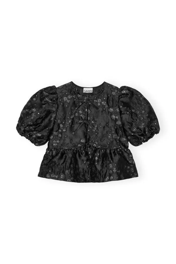 Clothing GANNI Tops BlackSilver 3D Jacquard Peplum Blouse Black