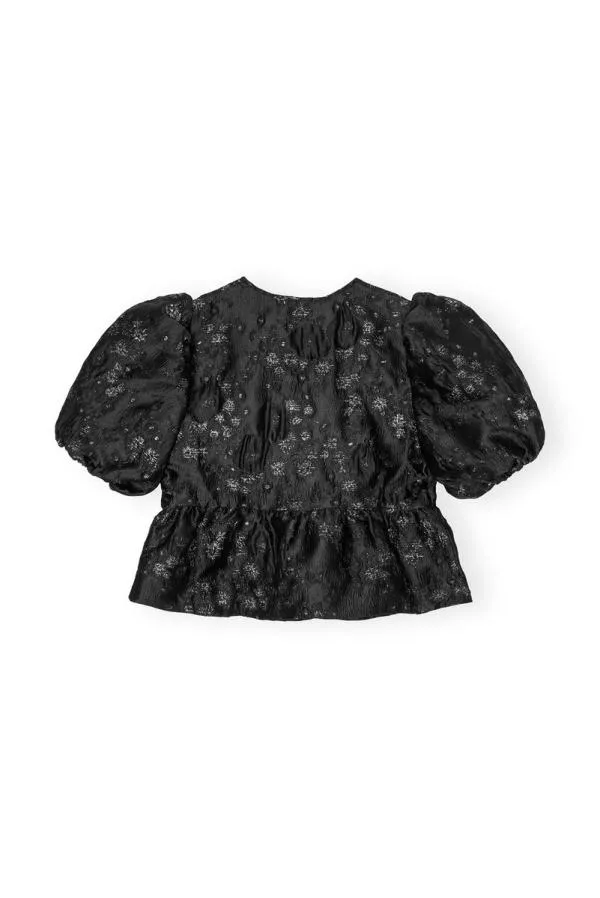 Clothing GANNI Tops BlackSilver 3D Jacquard Peplum Blouse Black
