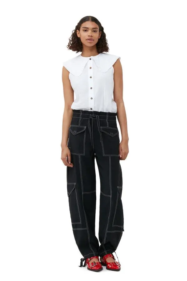 Clothing GANNI Tops Cotton Poplin Sleeveless Frill Collar Shirt Bright White