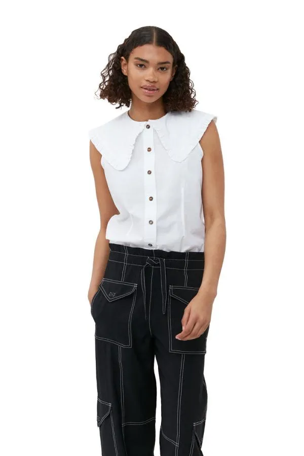 Clothing GANNI Tops Cotton Poplin Sleeveless Frill Collar Shirt Bright White