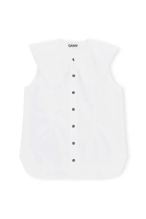 Clothing GANNI Tops Cotton Poplin Sleeveless Frill Collar Shirt Bright White