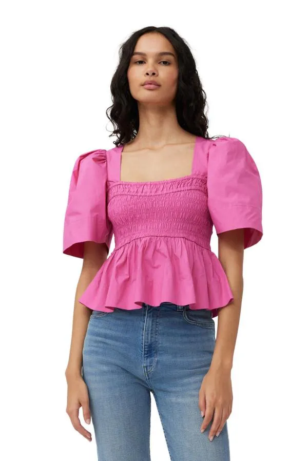 Clothing GANNI Tops Pink Cotton Poplin Openneck Smock Blouse Cone Flower