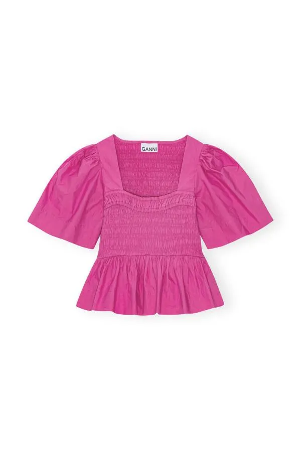 Clothing GANNI Tops Pink Cotton Poplin Openneck Smock Blouse Cone Flower Clothing GANNI Tops Pink Cotton Poplin Openneck Smock Blouse Cone Flower