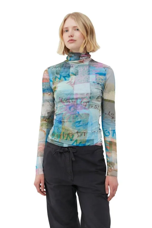 Clothing GANNI Tops Printed Mesh Long Sleeve Rollneck Wild Orchid