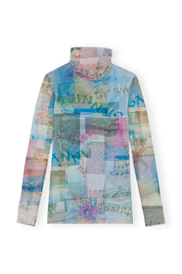 Clothing GANNI Tops Printed Mesh Long Sleeve Rollneck Wild Orchid Clothing GANNI Tops Printed Mesh Long Sleeve Rollneck Wild Orchid