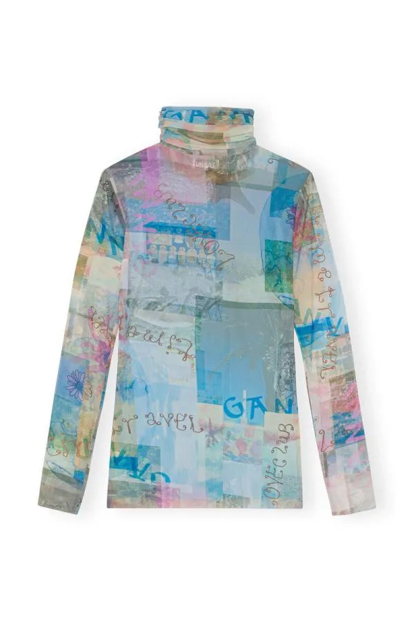 Clothing GANNI Tops Printed Mesh Long Sleeve Rollneck Wild Orchid Clothing GANNI Tops Printed Mesh Long Sleeve Rollneck Wild Orchid