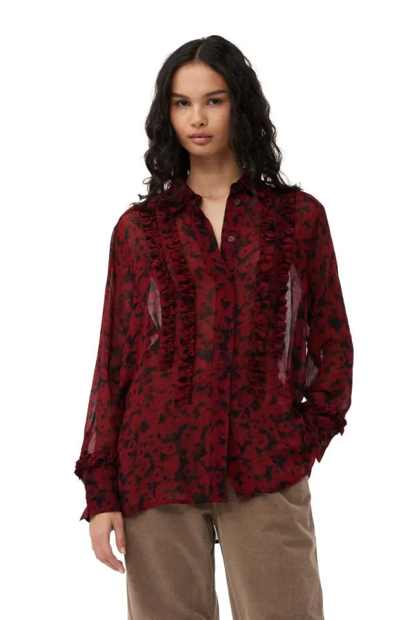 Clothing GANNI Tops Red Printed Light Georgette Ruffle Shirt Syrah