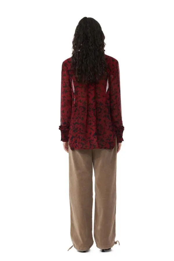 Clothing GANNI Tops Red Printed Light Georgette Ruffle Shirt Syrah Clothing GANNI Tops Red Printed Light Georgette Ruffle Shirt Syrah