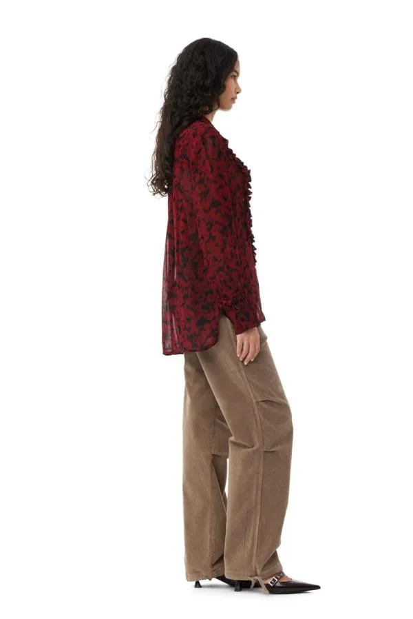 Clothing GANNI Tops Red Printed Light Georgette Ruffle Shirt Syrah Clothing GANNI Tops Red Printed Light Georgette Ruffle Shirt Syrah