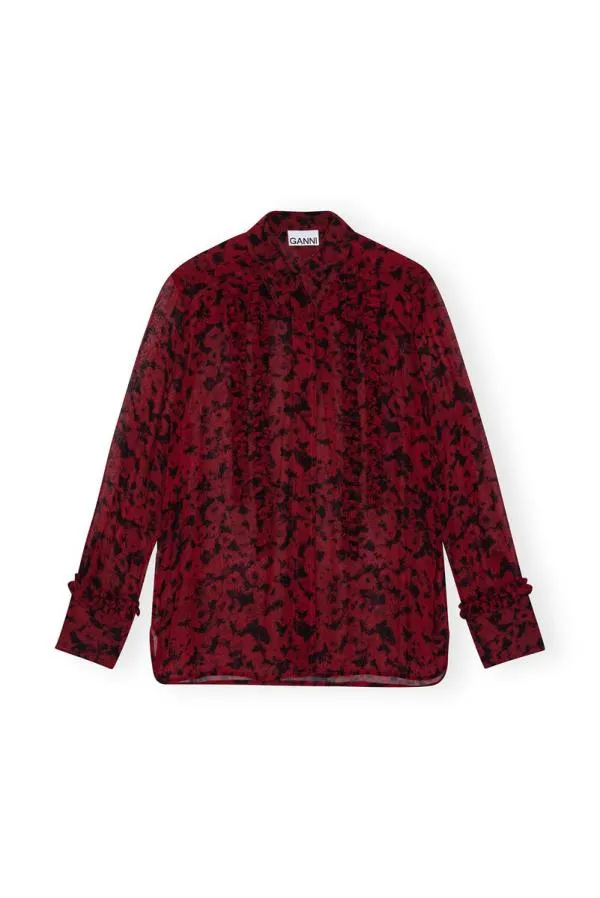 Clothing GANNI Tops Red Printed Light Georgette Ruffle Shirt Syrah Clothing GANNI Tops Red Printed Light Georgette Ruffle Shirt Syrah