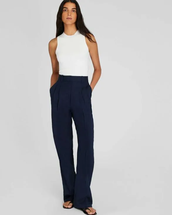 Club Monaco Pants Pleated Linen Blend Trouser Navy 8211 Women