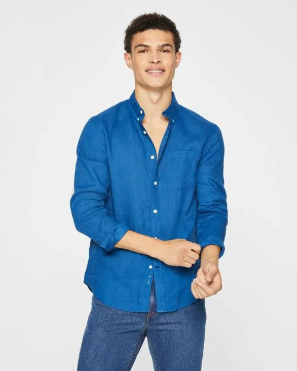 Club Monaco Shirts LongSleeve Solid Linen Shirt Blue 8211 Men