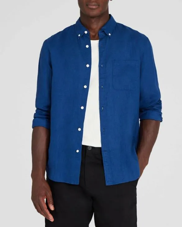 Club Monaco Shirts LongSleeve Solid Linen Shirt Blue Base 8211 Men