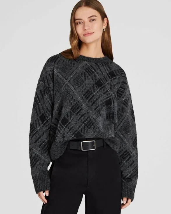 Club Monaco Sweaters Plaid Jacquard Oversized Sweater Grey Mix 8211 Women