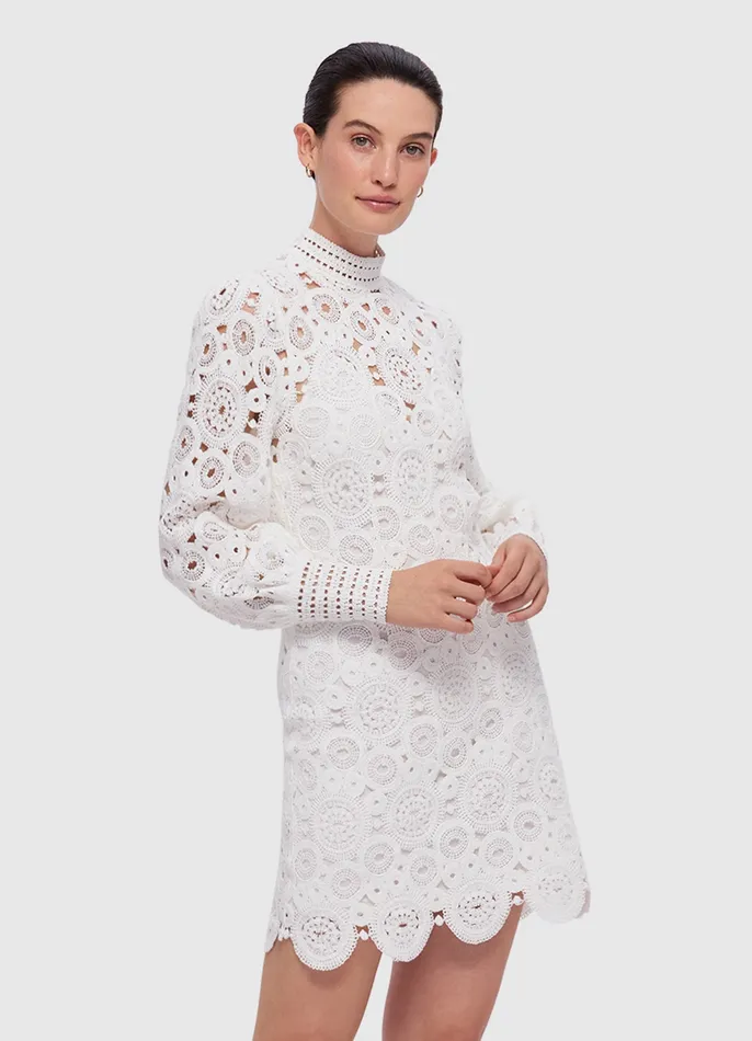 Daisy Crochet Long Sleeve Mini Dress 8211 Snow Women Dresses and Jumpsuits LEO LIN