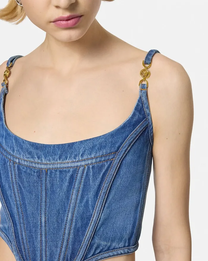 Denim Women Versace Medusa 03995 Denim Corset Top Blue