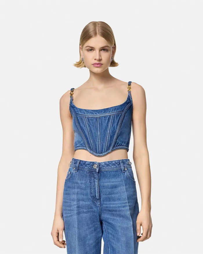Denim Women Versace Medusa 03995 Denim Corset Top Blue