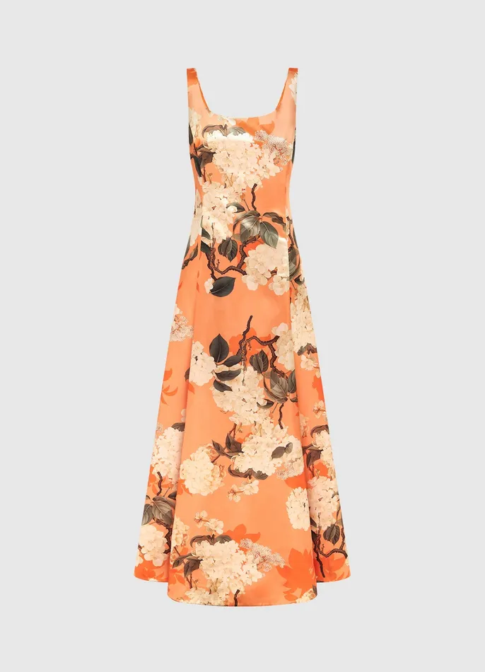 Dresses and Jumpsuits Charlotte Maxi Dress 8211 Hydrangea Print in Tangerine 8211 LEO LIN Women