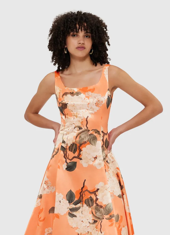 Dresses and Jumpsuits Charlotte Maxi Dress 8211 Hydrangea Print in Tangerine 8211 LEO LIN Women