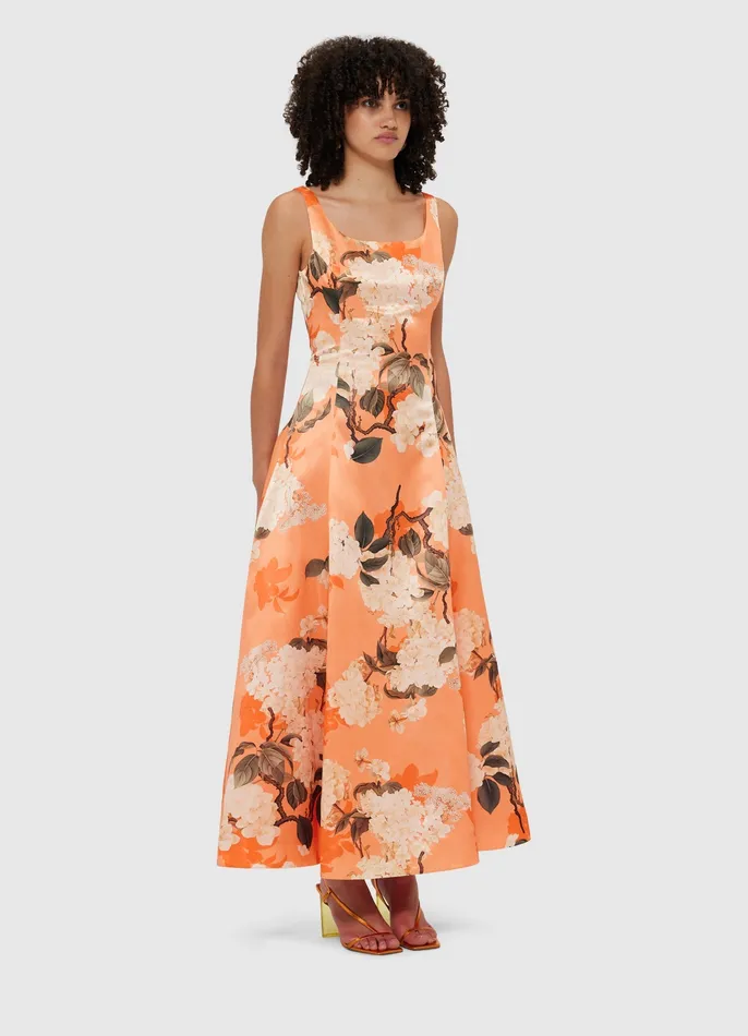 Dresses and Jumpsuits Charlotte Maxi Dress 8211 Hydrangea Print in Tangerine 8211 LEO LIN Women