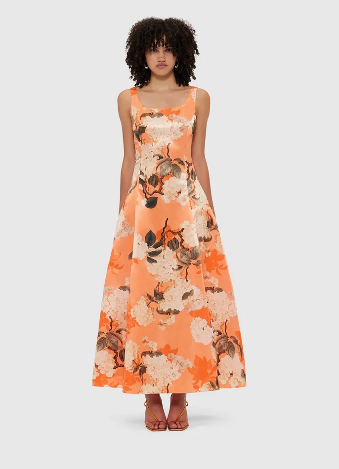 Dresses and Jumpsuits Charlotte Maxi Dress 8211 Hydrangea Print in Tangerine 8211 LEO LIN Women
