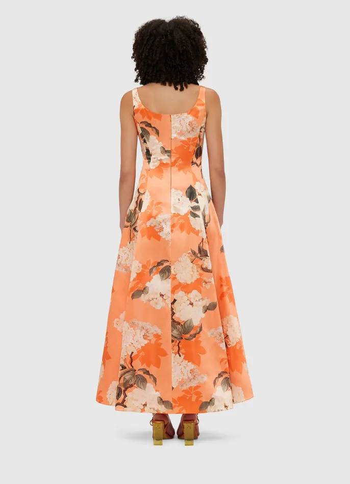 Dresses and Jumpsuits Charlotte Maxi Dress 8211 Hydrangea Print in Tangerine 8211 LEO LIN Women