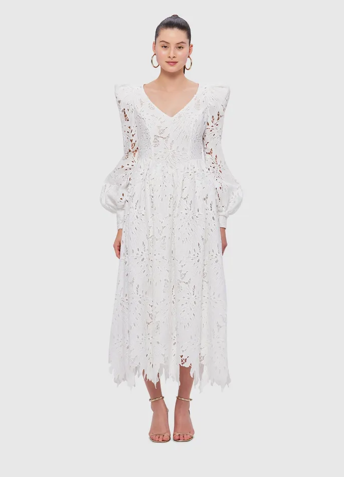Dresses and Jumpsuits Lilah Lace Structured Shoulder V Neck Dress 8211 Snow LEO LIN Women