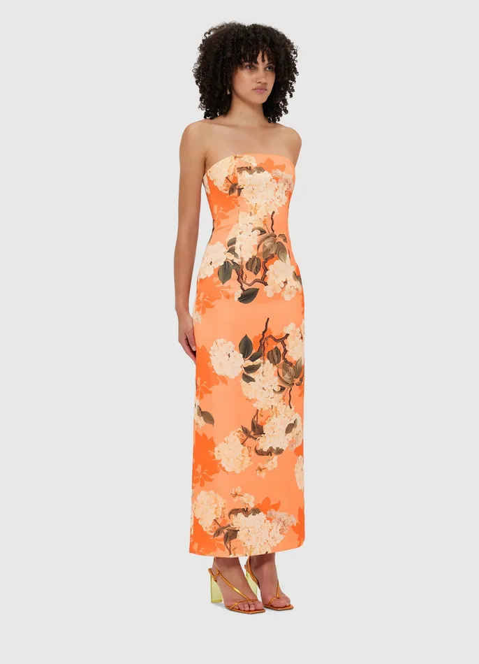 Dresses and Jumpsuits Rayna Bustier Maxi Dress 8211 Hydrangea Print in Tangerine 8211 LEO LIN Women