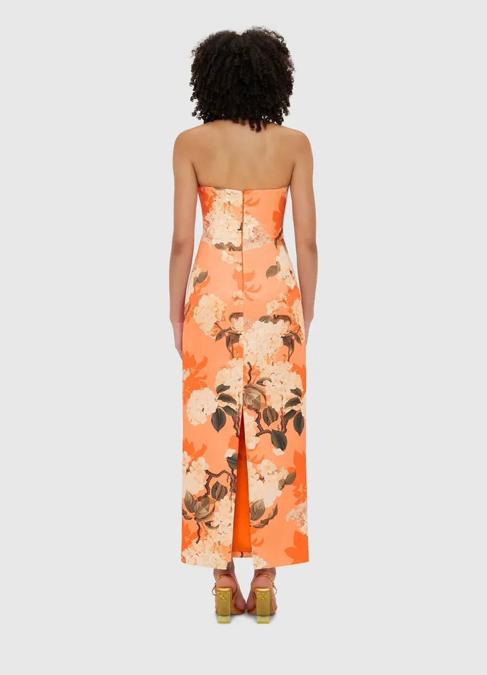 Dresses and Jumpsuits Rayna Bustier Maxi Dress 8211 Hydrangea Print in Tangerine 8211 LEO LIN Women