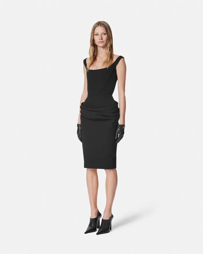 Dresses Women Versace Wool Gabardine Corset Draped Midi Dress Black