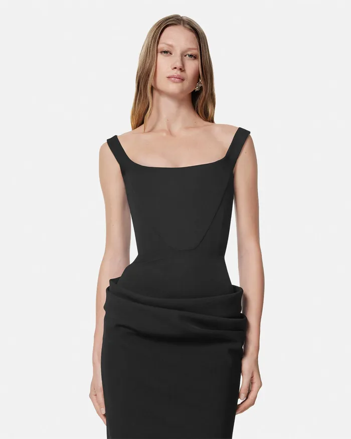 Dresses Women Versace Wool Gabardine Corset Draped Midi Dress Black