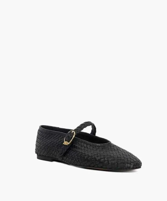 Dune London Ballet Pumps Women Headline Black Leather Woven Mary Jane Ballet Flats Metallic