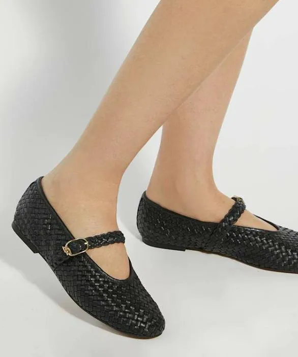Dune London Ballet Pumps Women Headline Black Leather Woven Mary Jane Ballet Flats Metallic