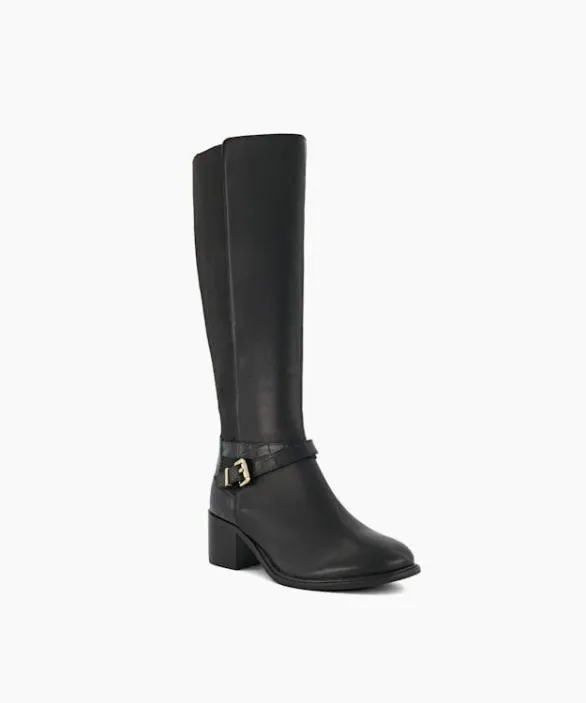 Dune London Black Boots Women Tildy Black Wide Fit Heeled Leather KneeHigh Boots Black