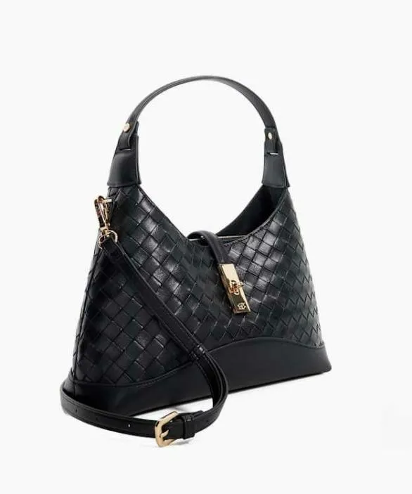 Dune London Black Handbags Women Dorset Black Woven Turn Lock Shoulder Bag Black