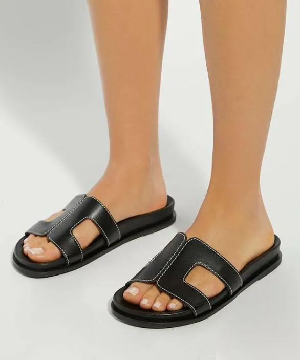 Dune London Black Sandals Women Loupa Black TopstitchDetail ComfortFootbed Slider Sandals Black