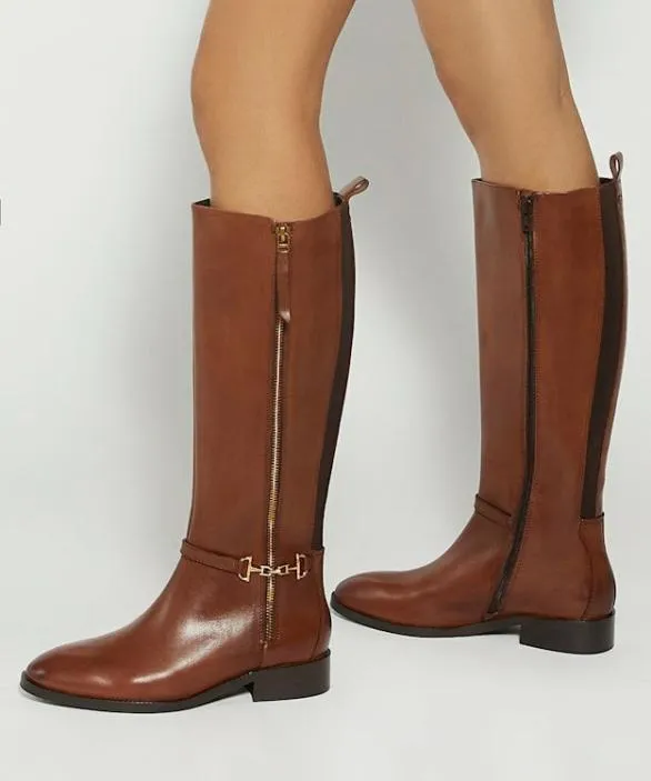 Dune London Brown Boots Women Taylyn Tan Riding Boots With Signature Buckle Detail Brown