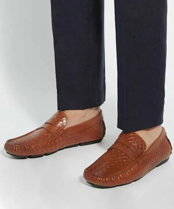 Dune London Brown Shoes Men Bradlay Woven Tan Leather Stamp Weave Driver Brown