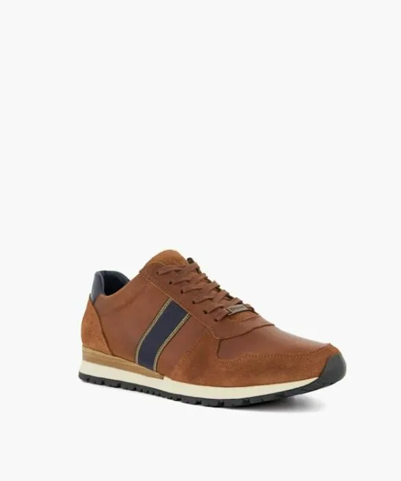 Dune London Brown Shoes Men Treck Dark Tan StripeDetail Leather Trainers Brown