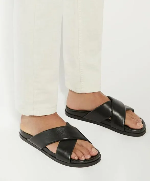 Dune London Casual Sandals Men Isaacs Black Leather Cross Strap Sandals Black