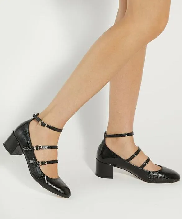 Dune London Court Shoes Women Approach Black Croc Effect Low Heel Court Shoes Black Leather