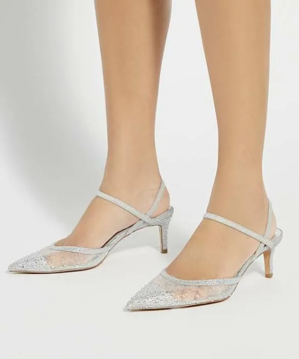 Dune London Court Shoes Women Charismatic Silver Mesh Diamante Slingback Shoes Metallic