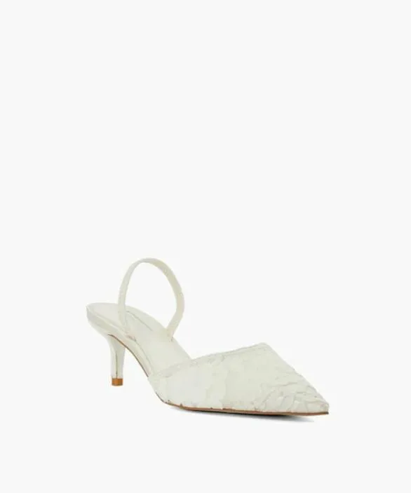 Dune London Court Shoes Women Compassion Ivory Floral Lace Kitten Heel Wedding Slingbacks White
