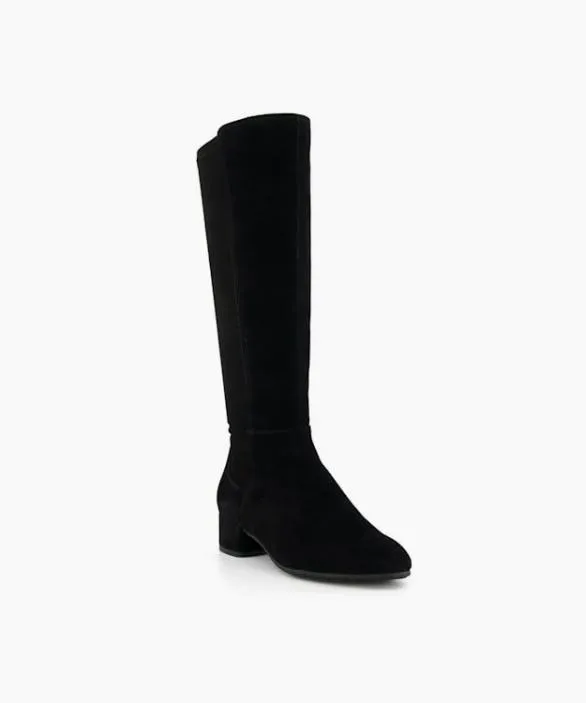 Dune London Flat Boots Women Tayla Black Suede Wide Fit Stretch Suede KneeHigh Boots Black Suede