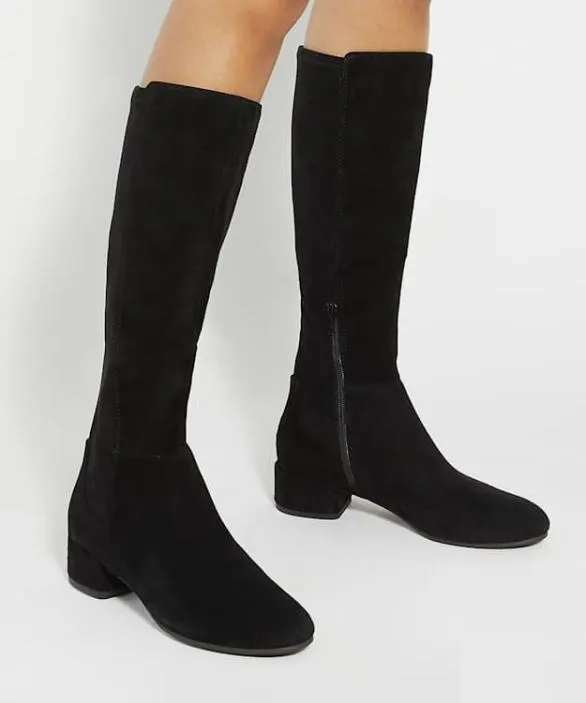 Dune London Flat Boots Women Tayla Black Suede Wide Fit Stretch Suede KneeHigh Boots Black Suede