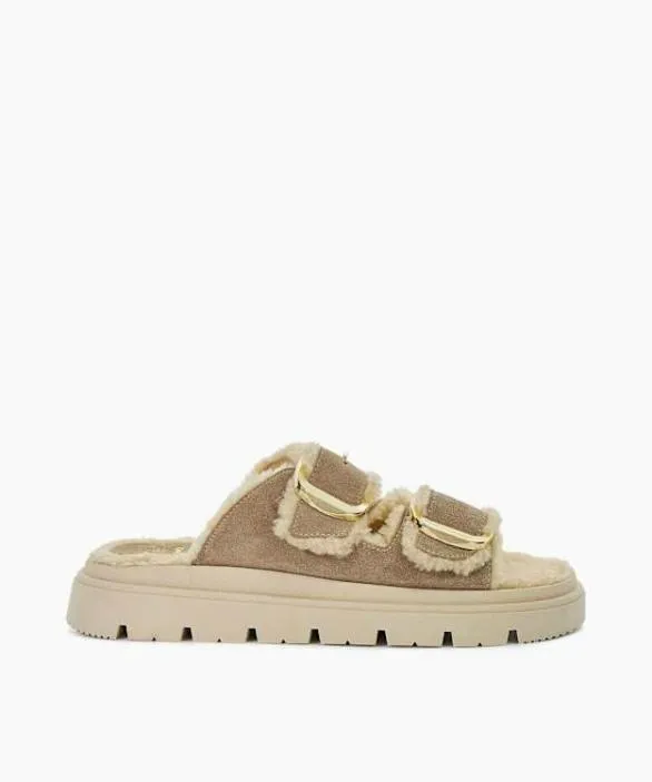 Dune London Flat Sandals Women Lodge Sand Cosy Lined Two Bar Mules Neutral