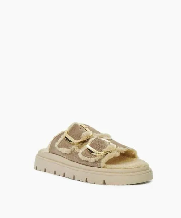 Dune London Flat Sandals Women Lodge Sand Cosy Lined Two Bar Mules Neutral