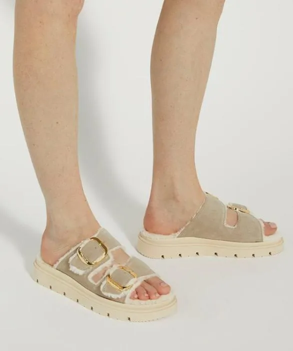Dune London Flat Sandals Women Lodge Sand Cosy Lined Two Bar Mules Neutral