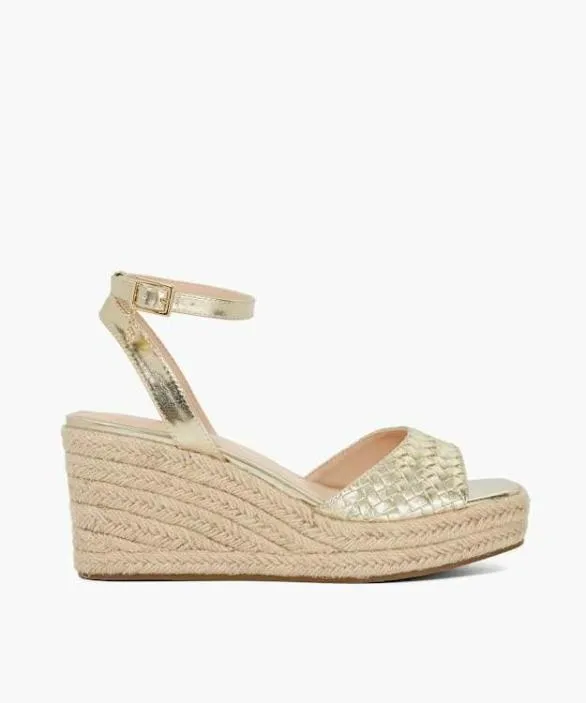Dune London Gold Sandals Women Kerries Gold Raffia Wedge Sandals Metallic